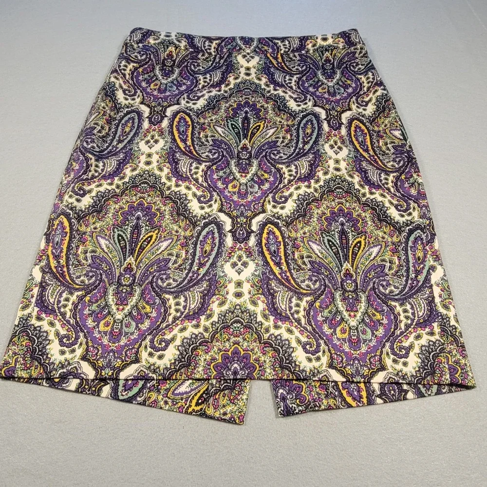 J. Crew The Pencil‎ Skirt Paisley Print Purple Yellow Size 2 Career Office Lined